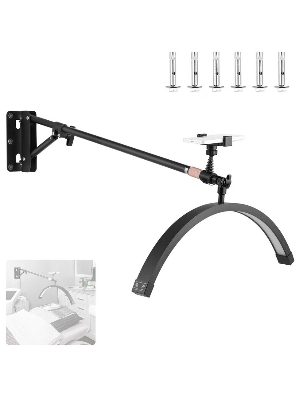224 LED Half Moon Wall Mounted Beauty Light & Remote Phone Holder Adjustable Arm